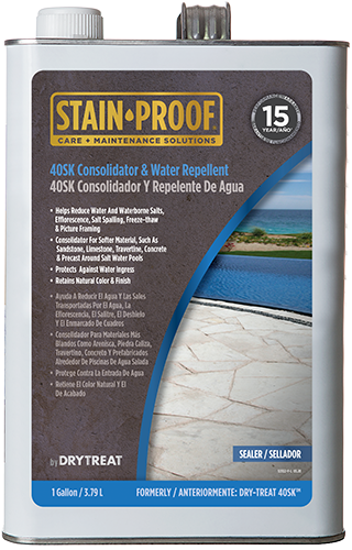 Can of Stain-Proof 40SK Consolidator & Water Repellent with text and images on label