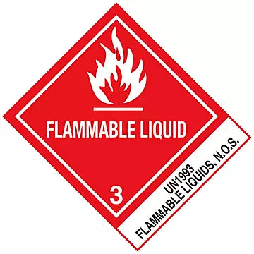 A red diamond-shaped UN 1993 Flammable Liquid hazard label with a white flame icon, the words 'FLAMMABLE LIQUID,' and '3 UN1993 FLAMMABLE LIQUIDS, N.O.